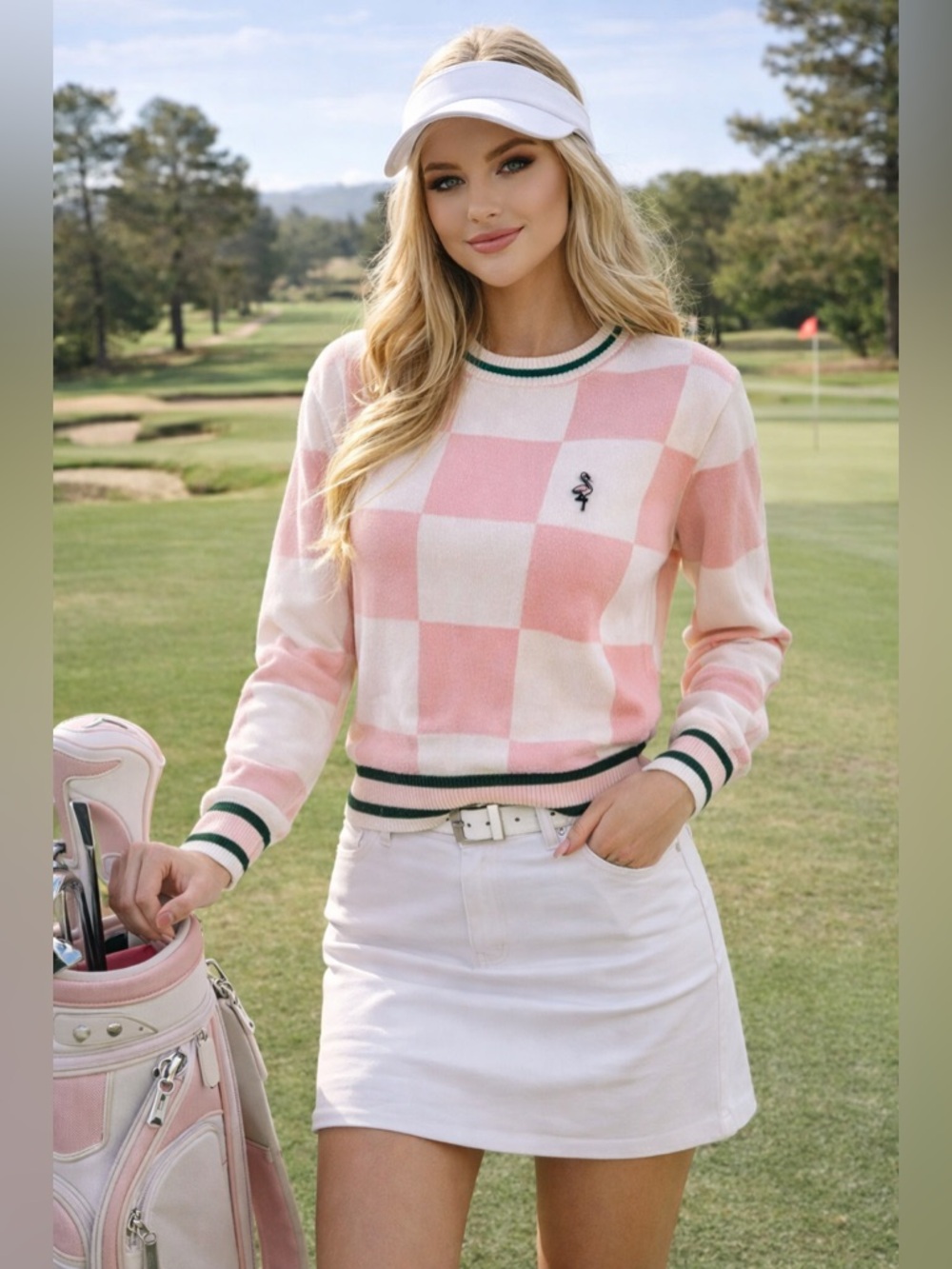 Fore All Women’s Pink White Checkered Sweater Flamingo Logo Size Large Preppy